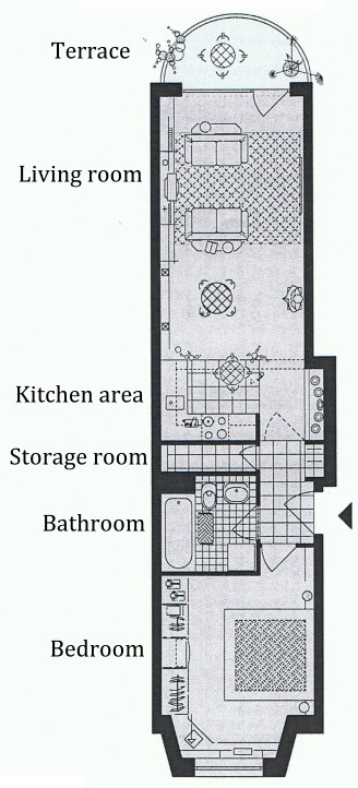 Floor plan of the apartment in Berlin Mitte: 55 m², 2 rooms plus bathroom and kitchen, balcony
